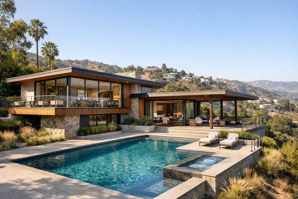 Ariana Grande Hollywood Hills home exterior view with modern architecture