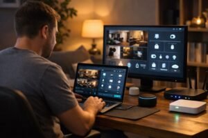Homeowner using laptop to monitor whole-home automation system with security cameras, smart devices, and centralized control dashboard