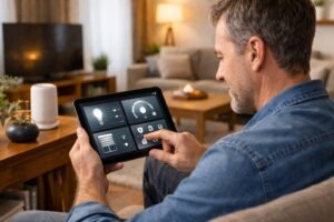 Homeowner using tablet to control smart home system including lighting, security, and climate control