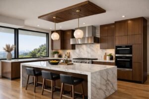 Modern kitchen design with natural materials and open layout