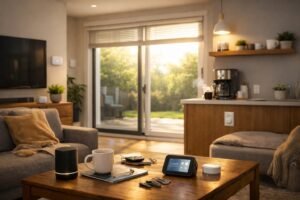 Modern smart home living room featuring voice assistant, smart display, and automated lighting and climate control