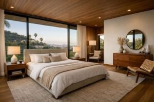Primary bedroom with large windows and scenic Hollywood Hills view