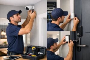 Professional smart home installer mounting security camera, motion sensor, and smart lock in residential home