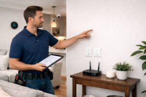 Smart home installer planning residential automation system installation with tablet and network infrastructure
