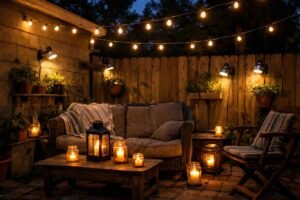 Affordable backyard patio lighting with string lights, clip lights, and candles