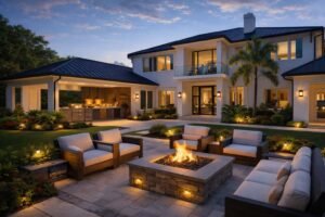Backyard entertainment area with BBQ and fire pit at iShowSpeed house
