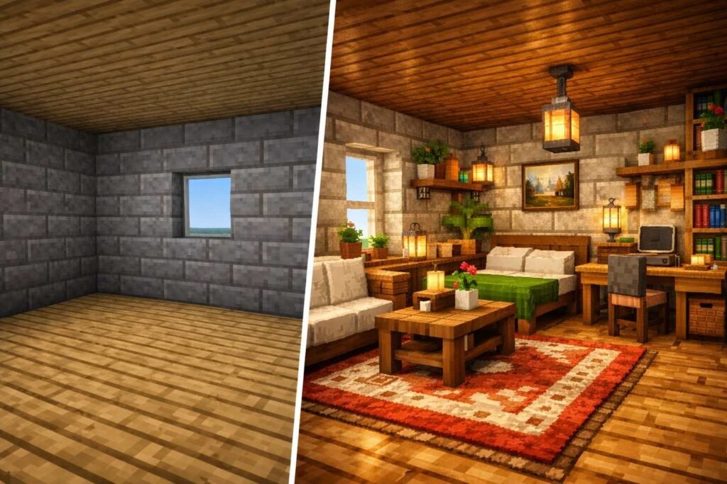 Before and after Minecraft interior design showing a plain empty room transformed into a fully decorated cozy and modern living space.