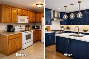 Before and after kitchen renovation with navy blue cabinets