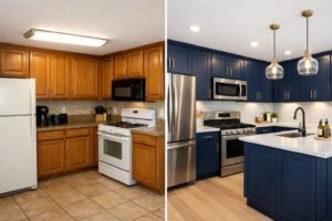 Before and after kitchen with golden oak cabinets updated to navy blue