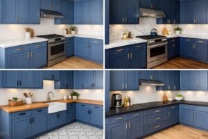 Blue cabinets with various countertop and flooring combinations