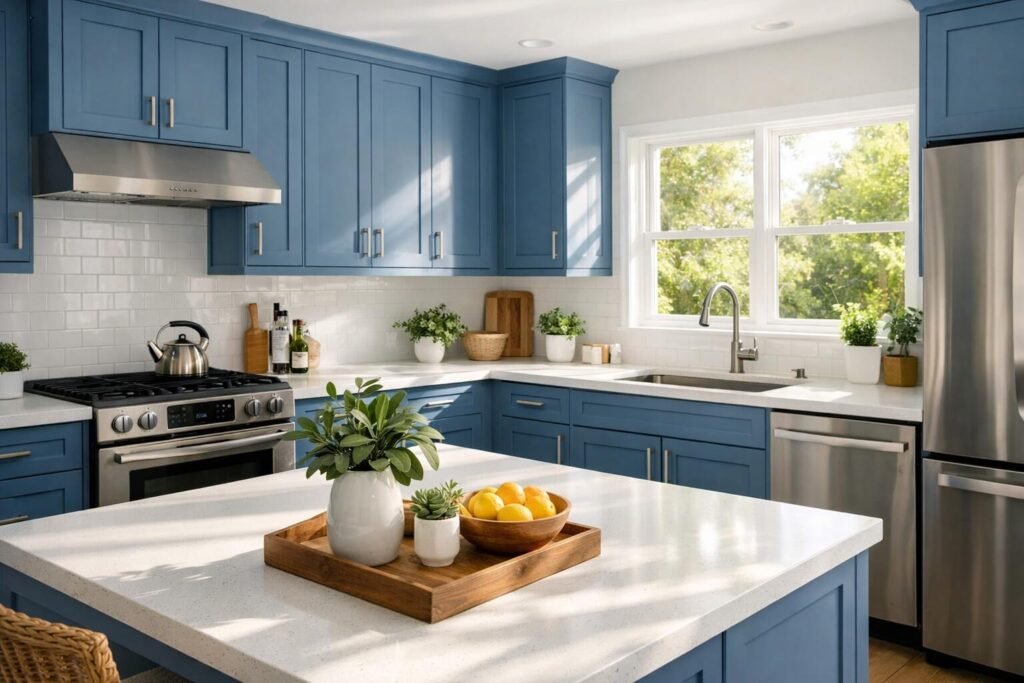 Bright modern kitchen with medium blue shaker cabinets and white countertops