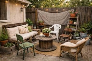 Budget-friendly DIY patio makeover with gravel flooring and repurposed furniture