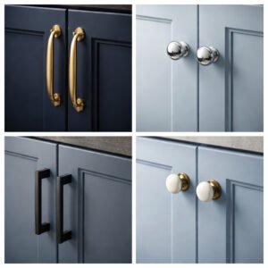 Close up of hardware on blue cabinets: brass, chrome, black, white ceramic