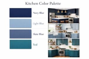 Color palette of navy, light blue, slate blue, and teal with kitchen examples