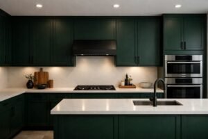 Dark green kitchen cabinets with modern design