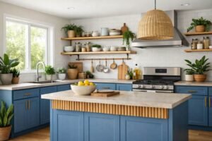 Eco-friendly kitchen with blue cabinets, sustainable wood, and plants