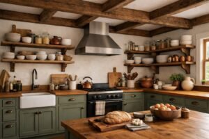 Farmhouse sage green kitchen cabinets with rustic details