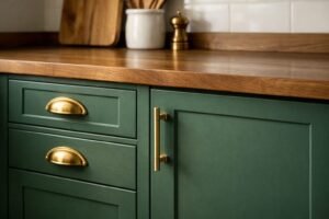 Green kitchen cabinets with wood countertops and gold hardware