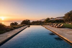 Infinity pool on a Mediterranean hillside estate overlooking the ocean