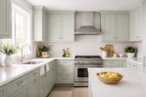 Light sage green kitchen cabinets in a bright kitchen