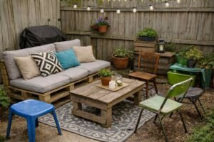 Low-cost patio furniture setup with pallet sofa, mismatched chairs, and coffee table in backyard