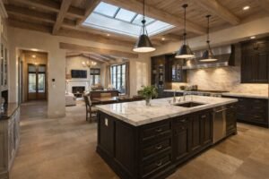 Luxury Mediterranean kitchen interior with marble countertops and custom cabinetry