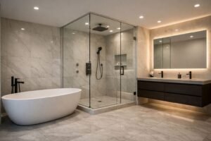 Luxury modern bathroom with freestanding tub, glass shower, and floating vanity
