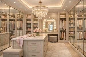 Luxury walk-in closet interior with mirrors and chandelier