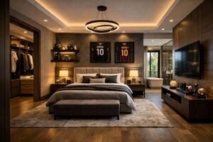 Minimalist master bedroom with personal decor in iShowSpeed house