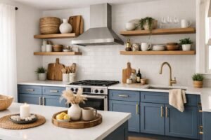 Modern kitchen with dusty blue cabinets, wood shelves, brass hardware, and white countertops