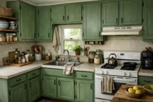 Painted green kitchen cabinets for a diy kitchen makeover