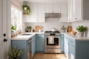 Small kitchen with light blue lower cabinets and white upper cabinets