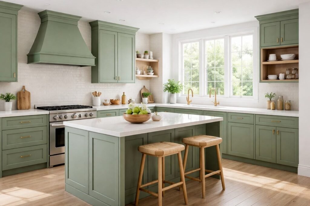 Green kitchen cabinets in a modern bright kitchen