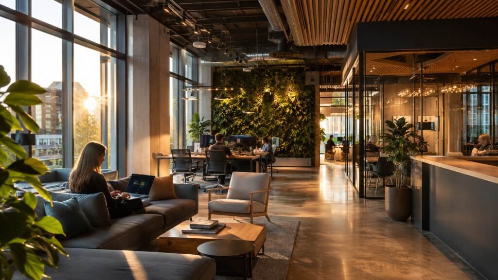 Commercial Interior Design: What Actually Matters When You Build a Business Space Beautiful modern commercial interior design office with natural light and biophilic accents