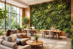 Biophilic commercial interior design with a living wall and natural light