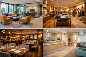 Commercial interior design examples across office, retail, restaurant, and healthcare