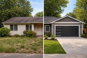 Before and after exterior home renovation with new fiber cement siding, roof, and modern garage door