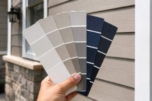 Exterior paint color selection with swatches held against house siding