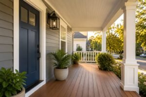 Renovated front porch with new columns, painted decking, and modern lighting improving curb appeal