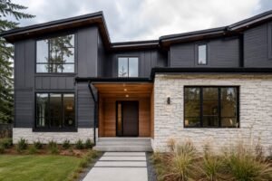 Modern home exterior design with dark fiber cement siding, wood accents, and stone veneer