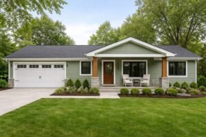 Renovated 1970s ranch home exterior with new roof, windows, porch, and landscaping