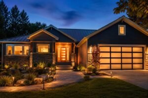 Fully renovated home exterior at dusk with warm landscape lighting and modern entry