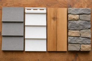 Comparison of siding materials including fiber cement, vinyl, wood, and stone veneer samples