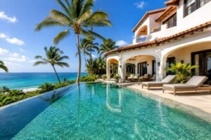 Caribbean beachfront villa exterior with infinity pool and palm trees
