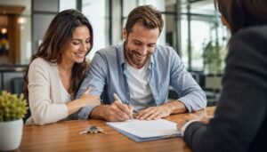 Couple signing paperwork at the closing table with house keys