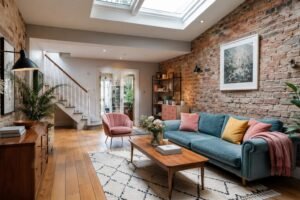 Interior with exposed brick and pastel accents illustrating the Dua Lipa house interior design style