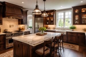 Spacious traditional kitchen with white marble island and pendant lighting
