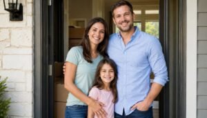 Happy family in the doorway of their new move in ready home with moving boxes