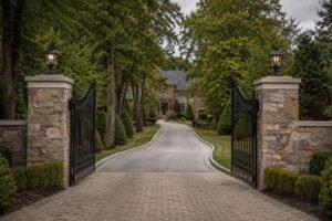 Gated driveway entrance of a large suburban New Jersey estate