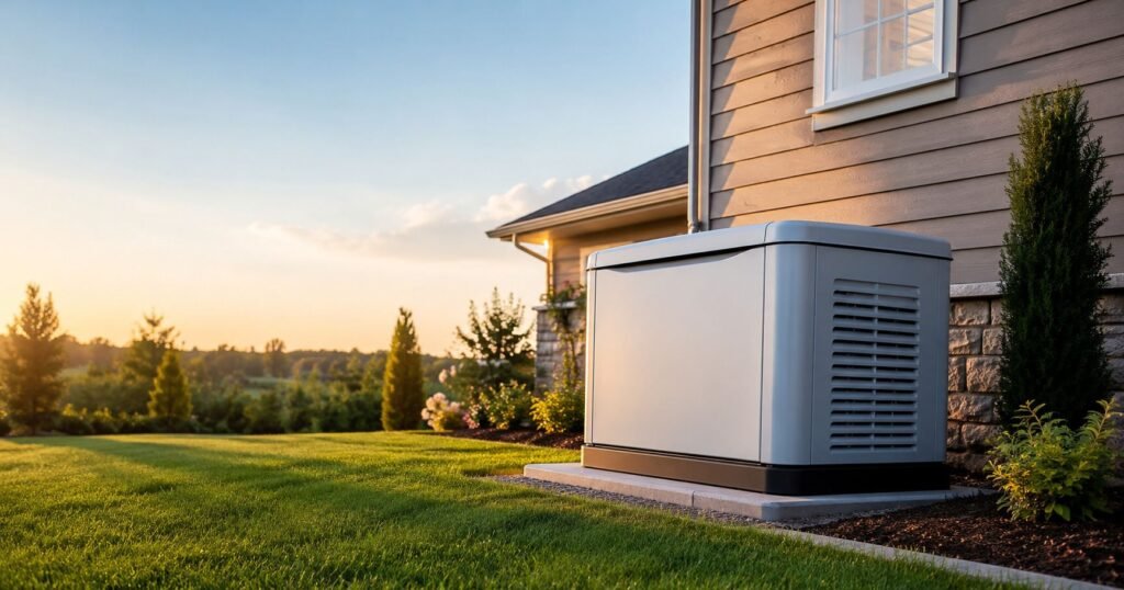 Home generator maintenance guide with a modern standby generator beside a house